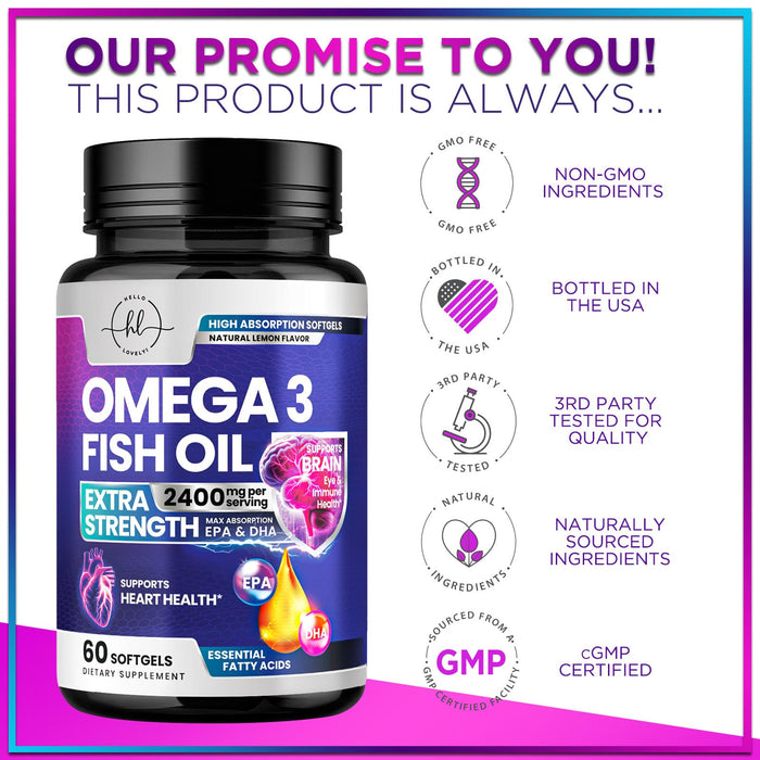 Omega 3 Fish Oil Supplements 2400mg - Triple Strength Omega 3 Fatty Acids, Natural Heart Health Brain & Joint Support - Fatty Acids with EPA & DHA - Wild Caught Fish Oil Supplement - 60 Softgels