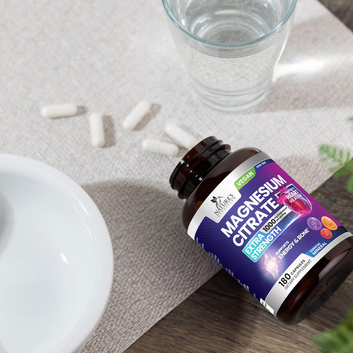 Magnesium Citrate Supplement 1000 mg for Best Absorption, Supports Bone, Heart Health, Nerves, Muscles, Metabolism & Calm, Nature's Pure Magnesio Vitamin Pills, Bottled in USA - 180 Capsules