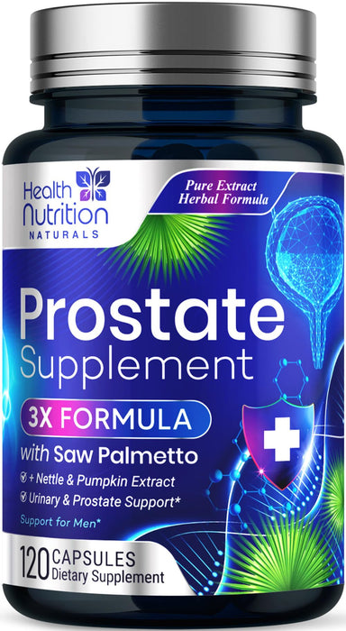 Prostate Health Supplements for Men - Potent 3X Formula with Saw Palmetto, Stinging Nettle, Pumpkin Seed Extract, Bottled in USA, Prostate Supplement for Urinary Support, Vegan, Non-GMO, 120 Capsules