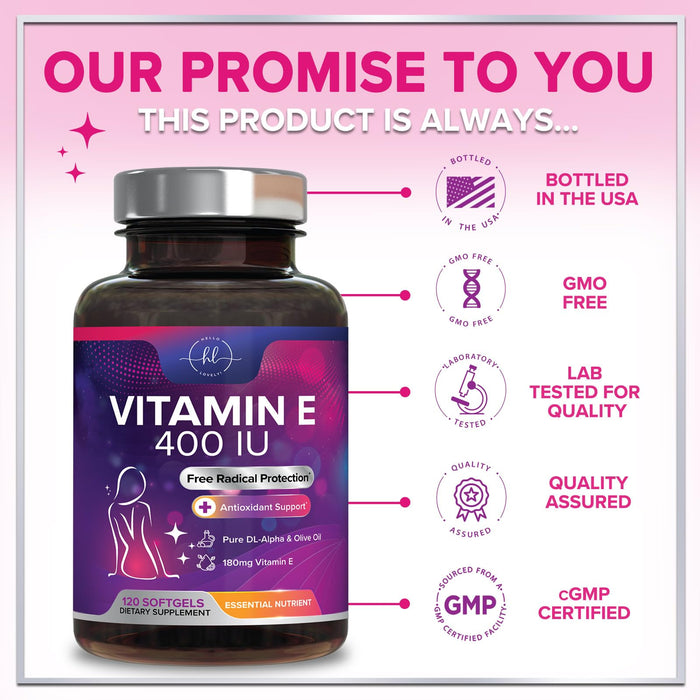 Vitamin E for Women and Men - 180 mg (400 IU) dl-Alpha - Powerful Antioxidant Dietary Supplement - Hair, Skin, & Immune Health Support - Easily Absorbed Form, Non-GMO & Gluten Free - 120 Softgels