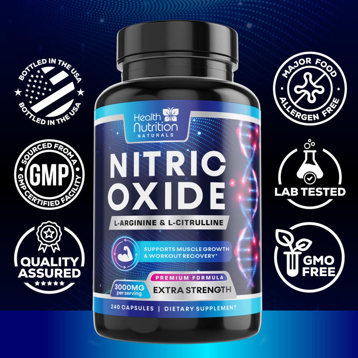 Extra Strength Nitric Oxide Supplement 3X Strength L Arginine, Citrulline Malate, AAKG, Beta Alanine - Premium Muscle Supporting Nitric Booster - Natural Energy & Heart Health Support - 240 Capsules