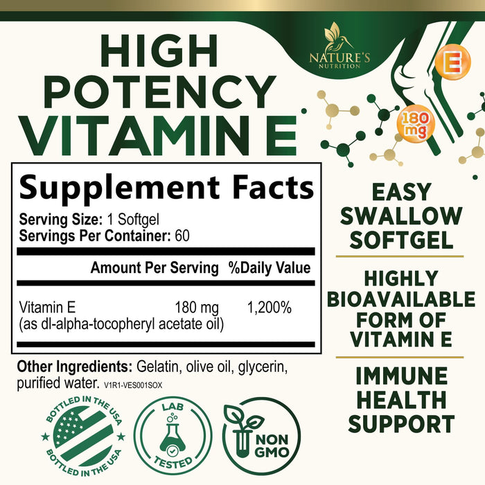 Vitamin E 400 IU Softgels (180mg DL-Alpha) for Women & Men, Supplement for Max Absorption, Nature's Antioxidant for Skin, Heart, Eye, and Immune Health Support, Dairy, Gluten & Soy Free, 60 Softgels
