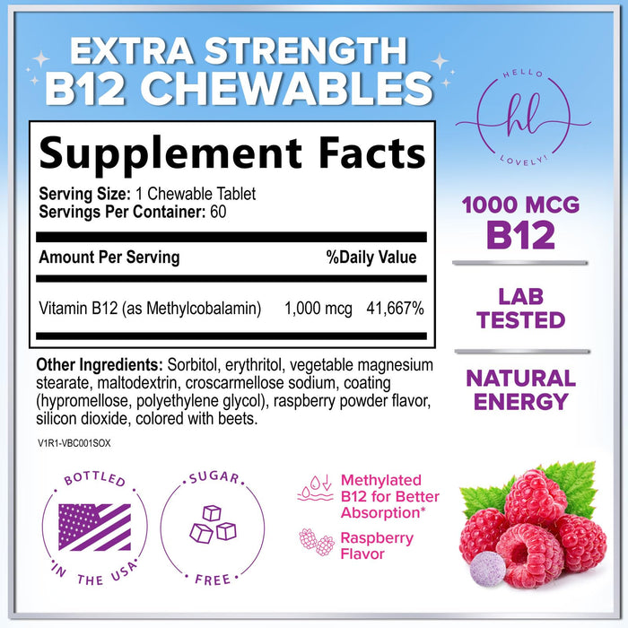 B 12 Vitamin Chewables 1000 mcg - B12 Complex with Heart & Nerve Energy Health Support - Vitamin B-12 Complex for Adults with Immune Health Support - Gluten & Sugar Free - 60 Chewables