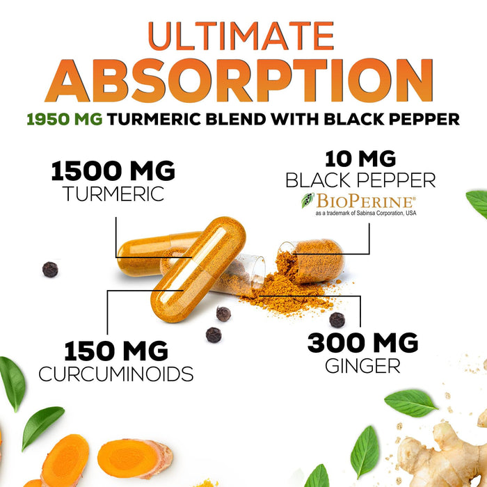 Turmeric Curcumin Supplement 1950mg - 95% Curcuminoids with Organic Turmeric & Ginger, BioPerine Black Pepper for Best Absorption, Nature's Vegan Joint Support, Non-GMO, Bottled in USA - 240 Capsules