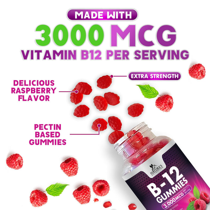 B12 Gummies for Adults, Extra Strength Energy 3000 mcg - B-12 Energy Metabolism & Immune System Support - Chewable Dietary Supplement for Adults & Kids Caffeine Free Gummy Vitamin - 120 Gummies