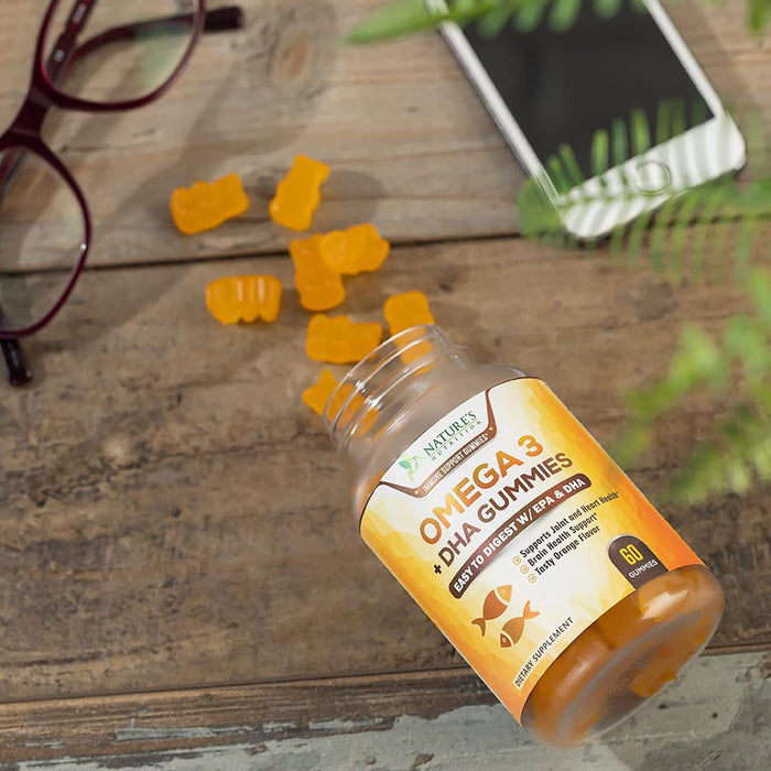 Omega 3 Fish Oil Gummies, Heart Healthy Omega 3 Gummy Supplement with High Absorption DHA & EPA, Extra Strength Joint & Brain Support, Delicious Orange Flavor Fish Oil Nature's Vitamin - 60 Gummies
