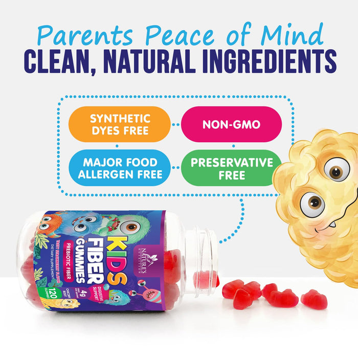 Fiber Gummies for Kids, Daily 4g Gummy Fiber Supplement, Prebiotic Digestive Health Support - Nature's Plant Based Soluble Fiber, Supports Regularity & Digestion for Kids Non-GMO - 120 Gummies