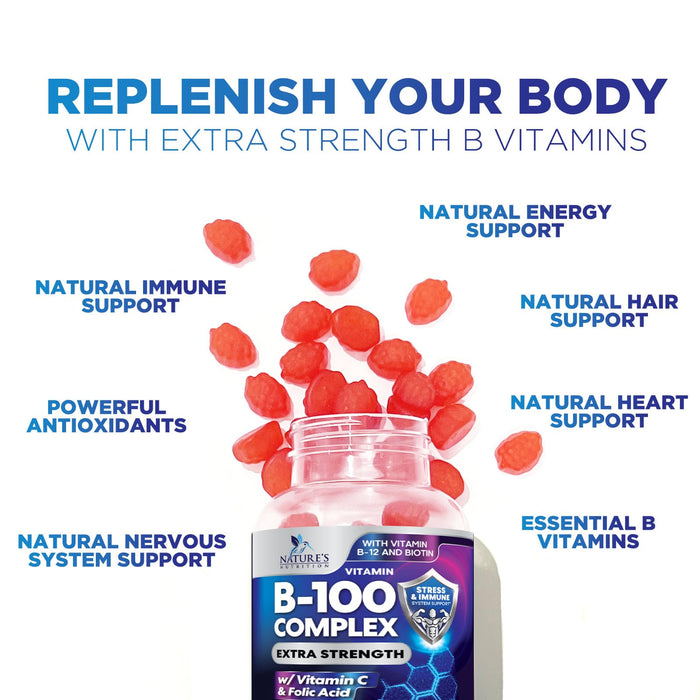 B Complex Supplement Gummies with Vitamin C & Folic Acid, Extra Strength Super Vitamin B Gummy with Niacin, B6, Folic Acid, B12, Biotin, Nature's Energy Immune Support Supplements - 120 Gummies