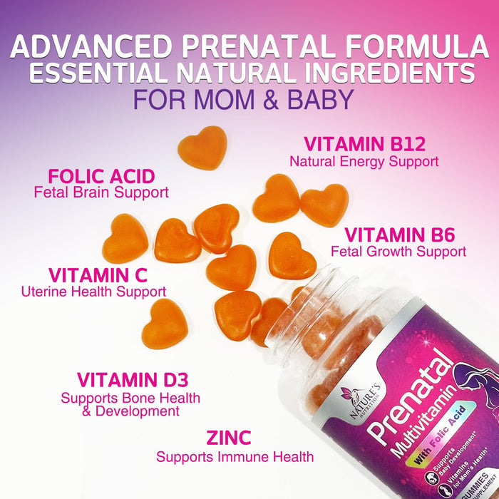 Prenatal Vitamins for Women Gummies, Folic Acid 1335mcg Pregnancy Vitamins for Fetal Support, Vitamin A, C, D3, B12, B6 & Folate, Prenatal Multivitamin Gummy for Pregnant & Nursing Women - 60 Gummies