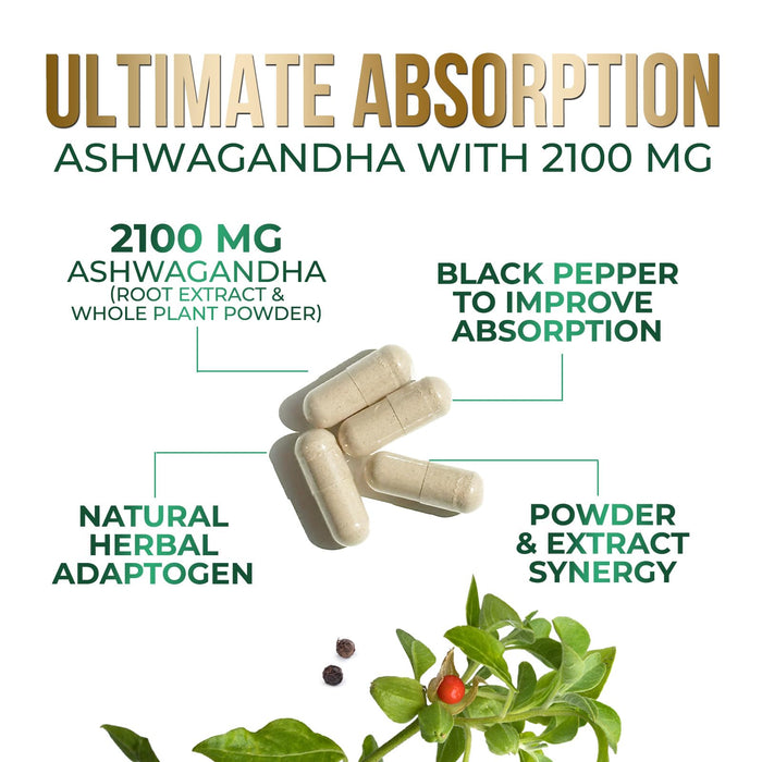 Ashwagandha Capsules for Women & Men - 2100mg Ashwagandha Supplement, Natural Antioxidant Support, Ashwa Root Extract, Extra Strength Calm Support with Black Pepper, Vegan & Gluten Free - 120 Capsules