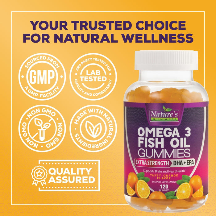 Omega 3 Fish Oil Gummies, Heart Healthy Omega 3 Gummy Supplement with High Absorption DHA & EPA, Extra Strength Joint & Brain Support, Delicious Orange Flavor Fish Oil Nature's Vitamin - 120 Gummies