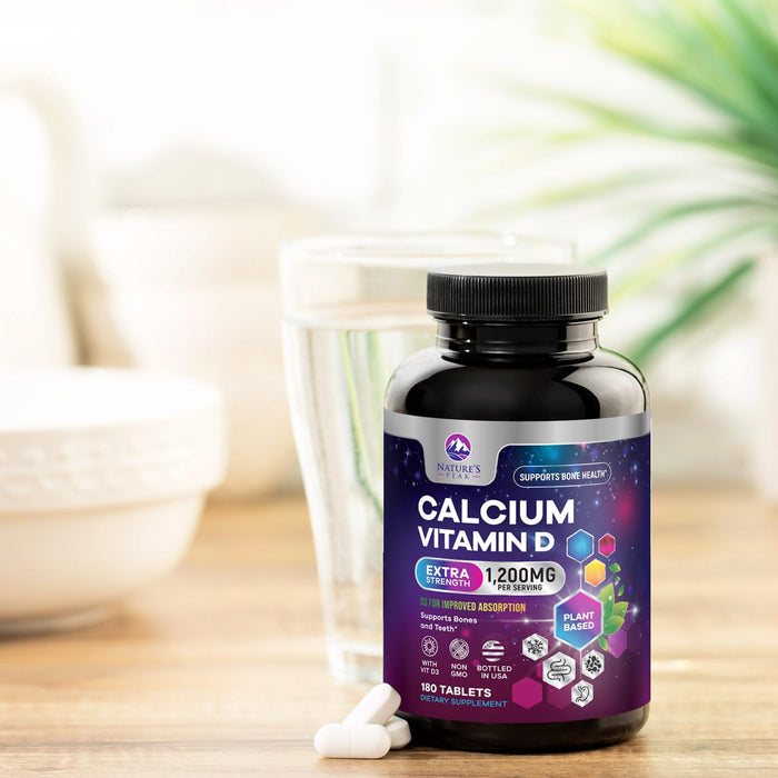 Calcium 1200 mg with Vitamin D3, Calcium Supplement Vitamins, Bone, Teeth & Immune Health Support, Calcium Supplements with D for Women & Men, Nature's Absorbable Calcium Carbonate - 180 Tablets