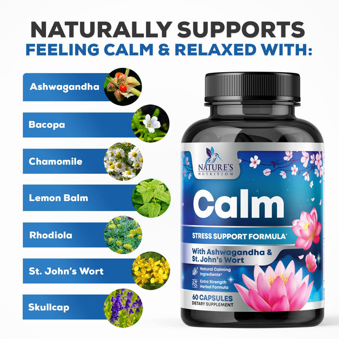 Natural Calm, Unwind & Relax Support with Ashwagandha, GABA, Magnesium, 5-HTP, L-Theanine & B Vitamins, Natural Focus, Energy & Immune Support - Nature's Non-GMO, Vegan, Gluten Free - 60 Capsules