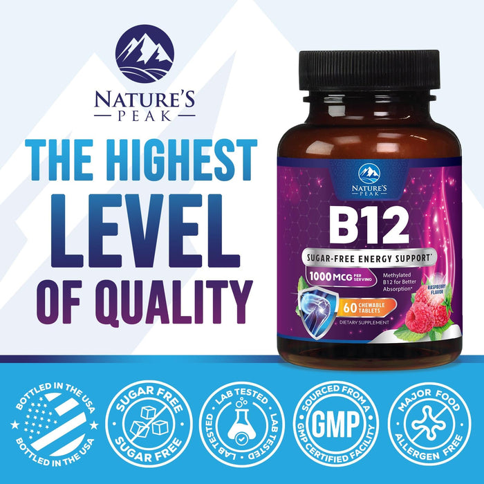 Vitamin B12 1000 mcg (Methylcobalamin) Super B 12 Complex Dietary Supplement for Energy & Immune Support, Vegan, Sugar-Free, Sublingual, Tasty Raspberry Flavor - 60 Chewable Tablets, 60 Day Supply