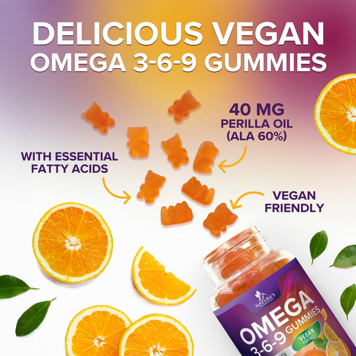 Omega 3 6 9 Vegan Gummies - Triple Strength Omega 3 Supplement Gummy - Essential Oil 369 Heart Support and Brain Support for Women, Men & Pregnant Women, Non-GMO, Orange Flavor - 120 Gummies