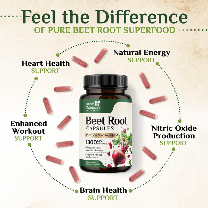 Beet Root Capsules 1300mg - Organic Red Beetroot Powder - 60 Vegan Capsules