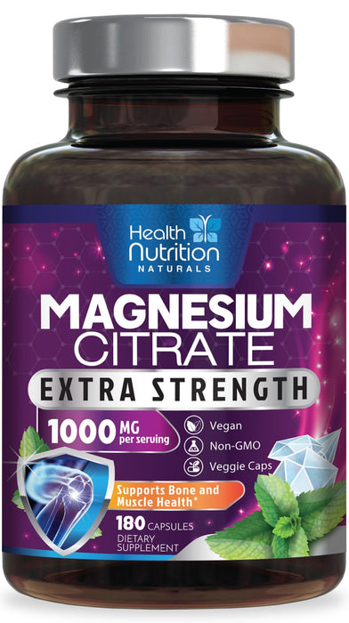 Magnesium Citrate Capsules 1000mg - Max Absorption Magnesium Powder for Muscle, Nerve, Bone and Heart Health Support, High Absorption Citrate Complex, Gluten Free, Non-GMO - 180 Capsules