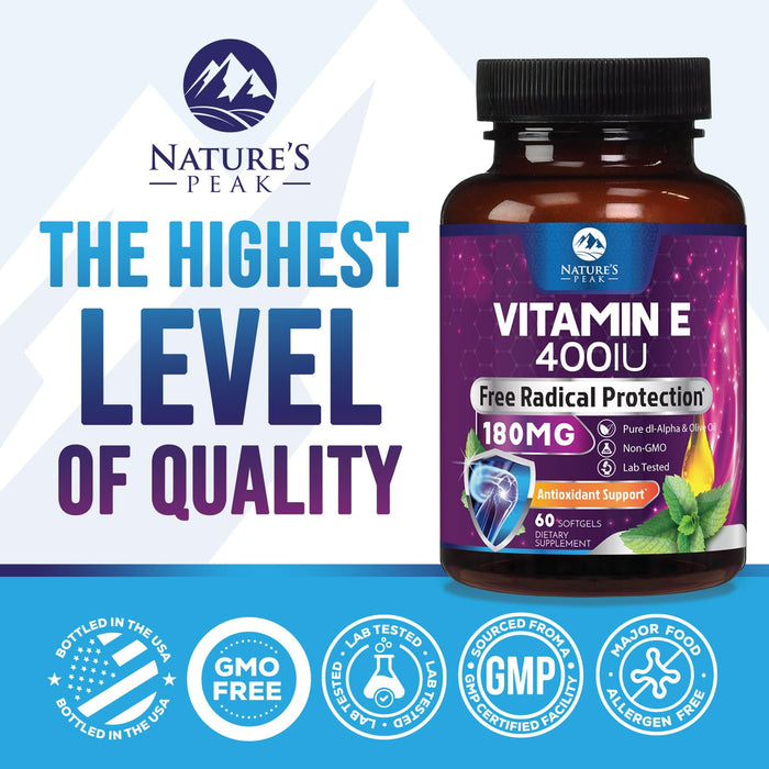 E Vitamin for Women and Men - 180 mg (400 IU) dl-Alpha - Effective Antioxidant Dietary Supplement - Hair, Skin, & Immune Health Support - Easily Absorbed Form, Non-GMO & Gluten Free - 60 Softgels