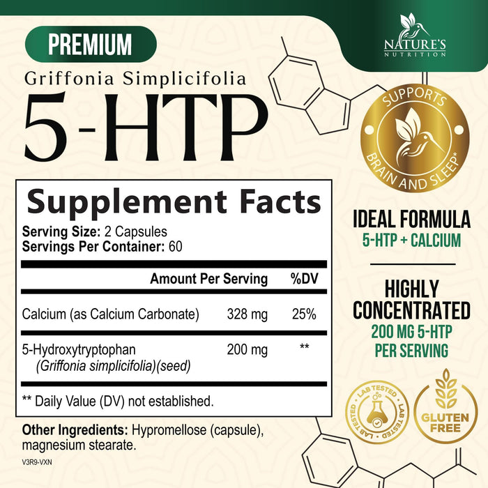 5 HTP 200mg Capsules Vegetarian Supplement - 5HTP Plus Calcium for Brain Support - Extra Strength Griffonia Simplicifolia 5-HTP Formula - 5 Hydroxytryptophan - Gluten Free & Non-GMO - 120 Capsules
