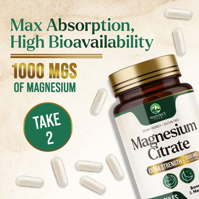 Magnesium Citrate 1000mg - High Absorption Magnesium Supplement Supports Muscle, Bone, Nerve & Heart Health - Extra Strength Magnesio Complex Pills - Non-GMO, Premium Energy Formula - 60 Capsules
