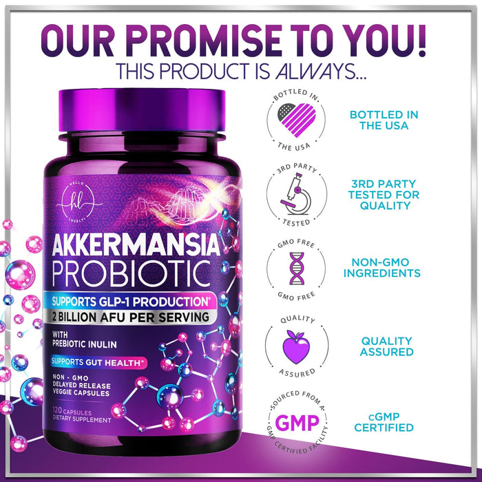 Akkermansia Probiotic with Prebiotic Fiber - Supports GLP-1 Production - 2 Billion AFU Strain for Digestive & Gut Health Support - Delayed Release, Third-Party Tested for Women & Men - 120 Capsules