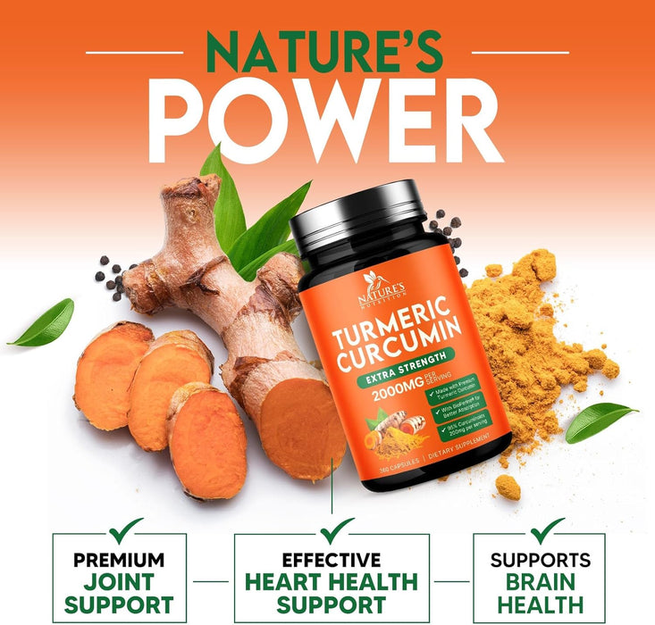 Turmeric Curcumin Supplement 2000mg - Nature's Joint & Immune Support, Organic Tumeric & BioPerine Black Pepper for Best Absorption with 95% Curcuminoids, Non-GMO, Bottled USA - 360 Count