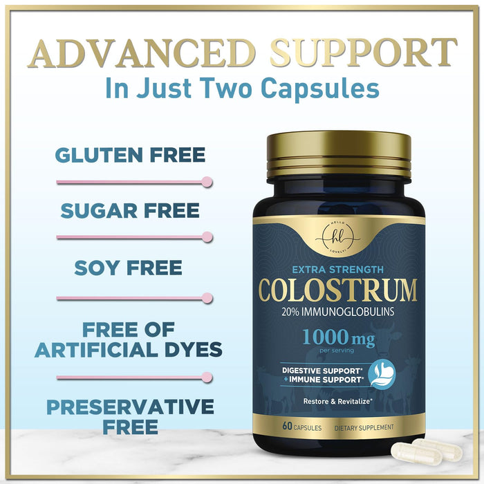Colostrum 1000mg 20% IgG Immunoglobulins - Gut Health, Digestion & Immune Support, Bovine Colostrum Powder for Women, Muscle, Skin & Hair Growth Support, Bottled in The USA, Gluten Free - 60 Capsules