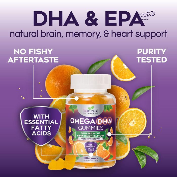 Omega 3 Fish Oil Gummies - Triple Strength Omega3 Gummy - DHA & EPA Fatty Acids for Heart Health, Joint & Brain Support, Nature's High Absorption Omega Fish Oil Supplement, Orange Flavor- 120 Gummies