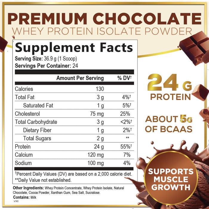 100% Whey Protein Powder, Rich Double Chocolate Whey Isolate 24g Protein & BCAAs - Support Muscle Growth, Recovery & Fitness - Gluten Free, Fast Absorbing, Easy Digesting - Women & Men - 24 Servings