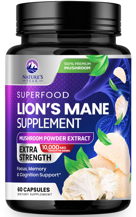 Lions Mane Mushroom Capsules 10,000mg - Lion’s Mane Supplement Capsules for Memory and Focus Support, Brain, Immune Health Support, Vegan, Bottled in USA, Lions Mane Mushroom Powder Extract, 60 Count