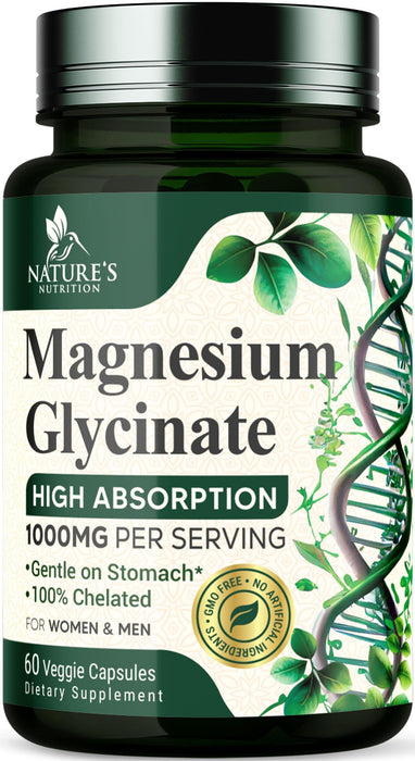Magnesium Glycinate 1000mg - Magnesium for Bone, Muscle, Nerves & Heart Health Support, Natures Sleep Support, Best Mag Supplement Pills for Whole Body - Chelated for Ultra Absorption - 60 Capsules
