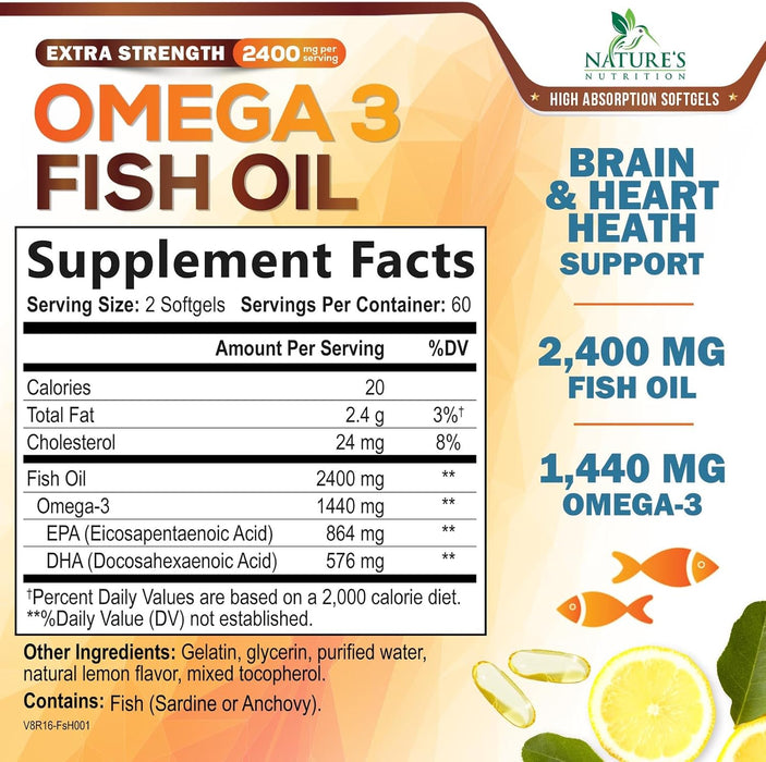 Omega 3 Fish Oil 2400 mg - Triple Strength EPA & DHA Fatty Acids for Heart, Brain & Joint Support Wild-Caught, Burpless, Lemon Flavor Supplement Natural, Non-GMO, Gluten-Free - 120 Softgels