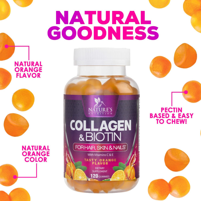 Collagen Gummies with 2500mcg Biotin, Vitamin C & Zinc - Hydrolyzed Collagen Peptide Type 1 & 3 Supplement - Advanced Hair, Skin & Nail Growth Support for Women & Men, Gluten Free, Non-GMO - 120 Count