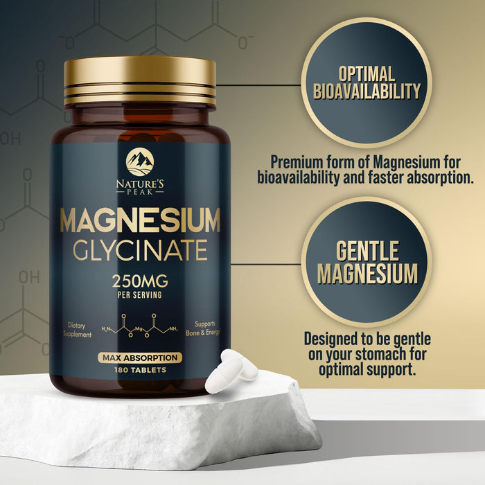 Magnesium Glycinate Chelated for Max Absorption - Supports Bone, Muscle, Nerves & Heart Health, Nature's Sleep and Stress Support, Best Magnesium Supplement Pills for Whole Body Support - 180 Tablets