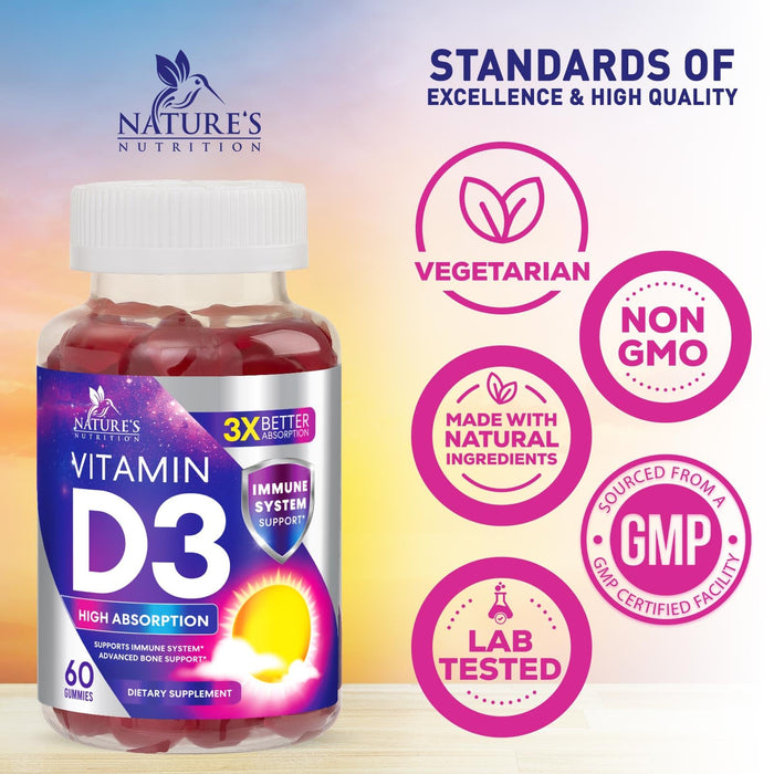 Vitamin D3 Supplement Gummy 5000 IU (125 mcg) Dietary Vitamins D for Men & Women - Bone, Teeth, Muscle & Immune Health Support, High Potency VIT D3 Nature's Non-GMO & Gluten Free - 60 Gummies