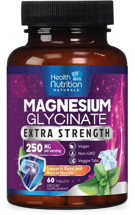 Magnesium Glycinate 250mg - 100% Chelated Magnesium for Max Absorption - Sleep Support, Muscle, Nerves, Bone & Heart Health Support, Best Mag Supplement, Vegan Non-GMO, 3rd Party Tested - 60 Tablets
