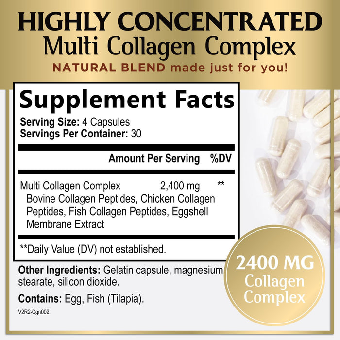 Multi Collagen Peptides for Women – 2400mg Best Hydrolyzed Collagen Complex with 5 Types (I, II, III, V, X) - Grass Fed - Hair, Skin, Nail, Bone & Joint Support for Beauty & Wellness – 120 Capsules