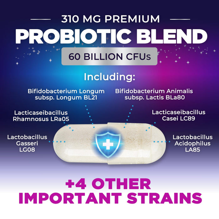 Probiotics 60 Billion CFU - 10 Strains + Digestive Enzymes & Prebiotics - Best Probiotic for Women & Men, Supports Immune, Gut Health, Occasional Constipation, Diarrhea, Gas & Bloating - 120 Capsules