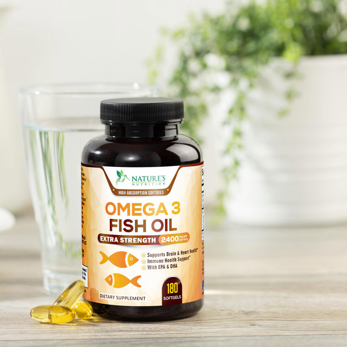 Omega 3 Fish Oil 2400 mg – Triple Strength EPA & DHA Fatty Acids for Heart, Brain & Joint Support – Wild-Caught, Burpless, Lemon Flavor Supplement – Natural, Non-GMO, Gluten-Free – 180 Softgels