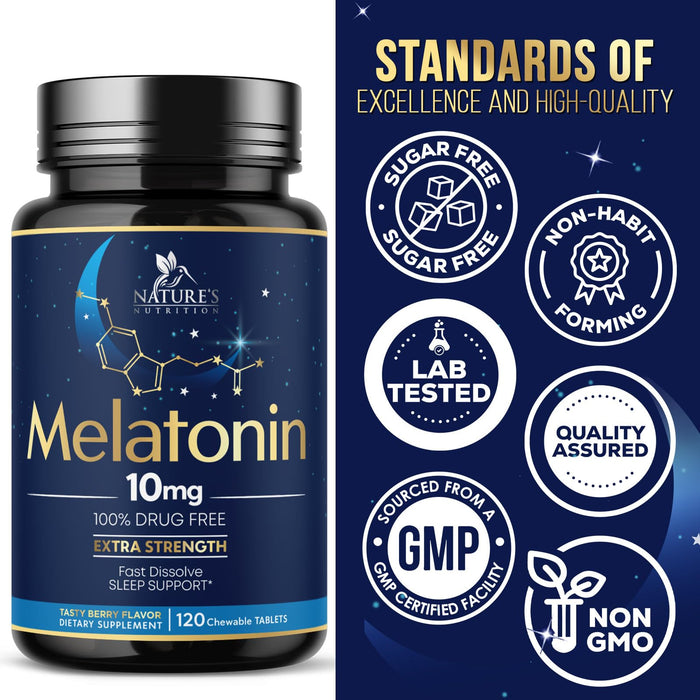 Melatonin 10 mg Fast Dissolve, Melatonin Supplements for Restful Sleep, Natural Sleep Support Supplement for Adults, Extra Strength Strawberry-Flavored Tablets, Sugar Free, 120 Tablets, 120 Day Supply
