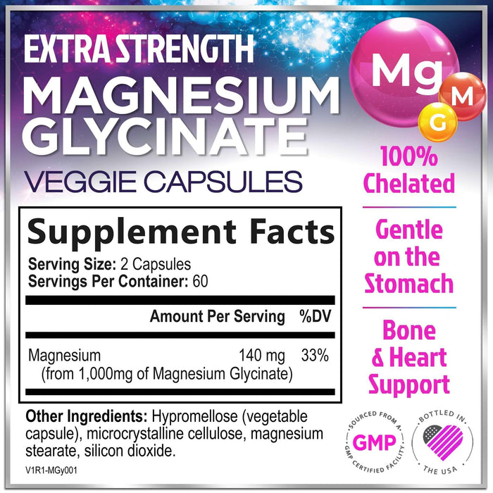Magnesium Glycinate 1000mg | High Absorption | Chelated to Support Bone, Muscle, Nerves & Heart Health | Natural Sleep & Stress Support Women & Men | Vegan, Gluten & Soy Free, Non-GMO | 120 Capsules