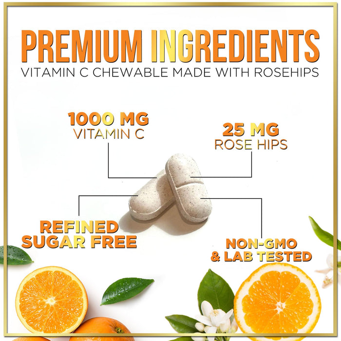 Vitamin C Supplement 1000mg - Extra Strength with Rose Hips Bioflavonoids - Sugar Free Vitamin C Chewable Pills, Nature's Vit C for Immune Support & Antioxidant Protection - 60 Chewable Tablets