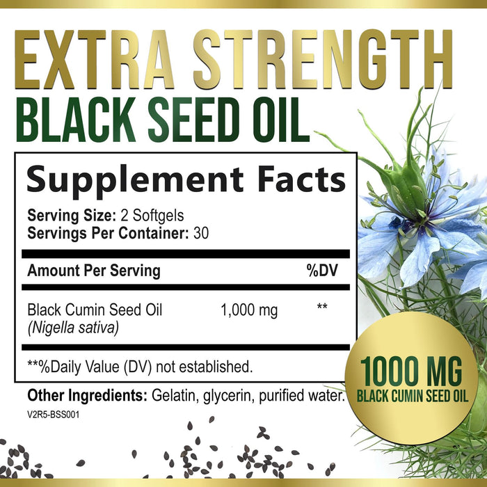 Black Seed Oil Softgels 1000mg - Premium Nigella Sativa Blackseed, Pure Natural Black Cumin Seed Oil & Antioxidant for Skin & Immune Support - Non GMO, Bottled in USA Supplement - 60 Softgels