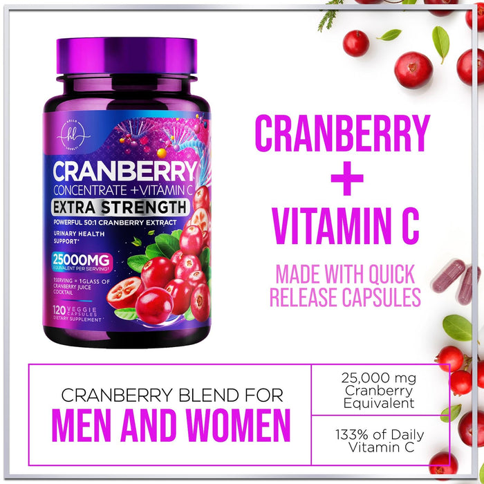 Cranberry Supplement 25,000mg Formula + Vitamin C – Urinary Tract Health Support for Women & Men, 50:1 Whole Fruit Cranberry Extract Pills for Women, Sugar-Free, Non-GMO, Gluten-Free - 120 Capsules