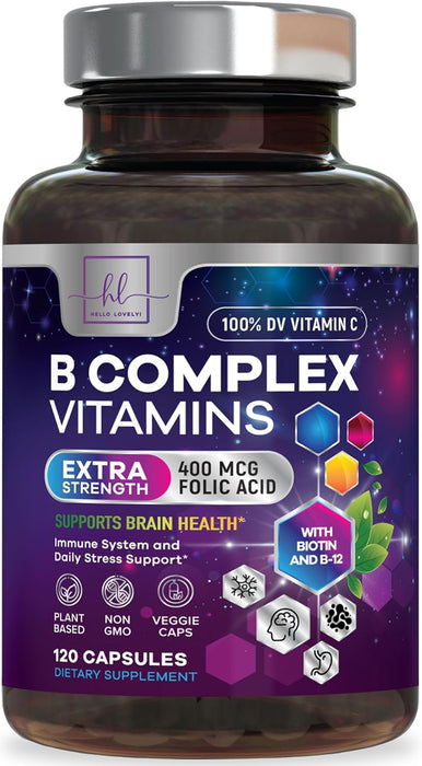 B Complex Vitamin Supplement 1000mcg - 3X Strength with Vitamin C & Folic Acid - Super B12 Complex Vitamins for Energy, Supports Hair Growth, Immune Support for Women & Men, USA Bottled, 120 Capsules