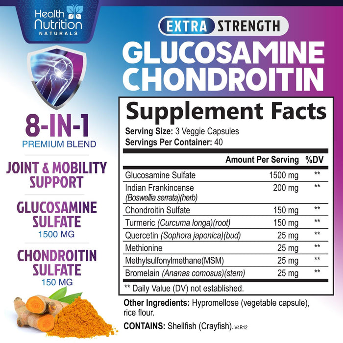 Glucosamine Chondroitin MSM 2100mg Complex - Joint Health Supplement with Turmeric & Boswellia - Quercetin for Cartilage, Flexibility & Mobility - Triple Strength Glucosamine Sulfate - 120 Capsules