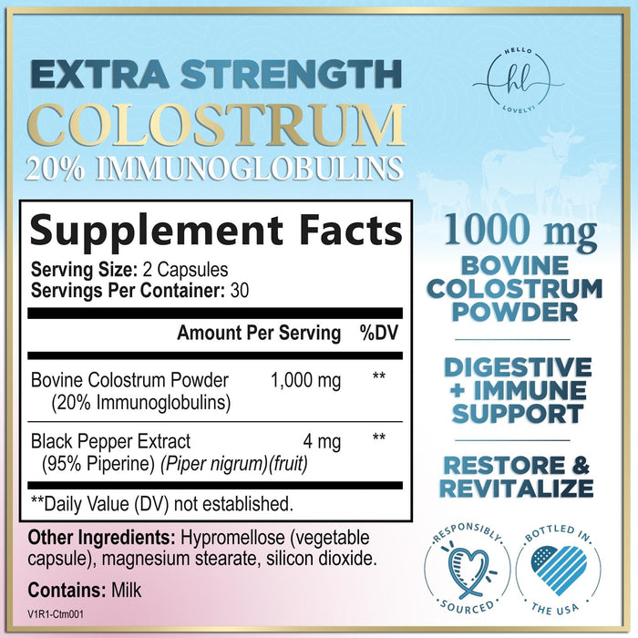 Colostrum 1000mg 20% IgG Immunoglobulins - Gut Health, Digestion & Immune Support, Bovine Colostrum Powder for Women, Muscle, Skin & Hair Growth Support, Bottled in The USA, Gluten Free - 60 Capsules