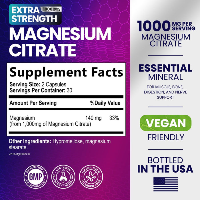 Magnesium Citrate 1000 mg for Absorption – 60 Capsules