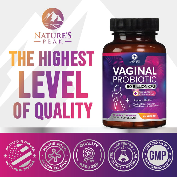 Vaginal Probiotics for Women pH Balance with Prebiotics, 50 Billion CFU, 10 Probiotic Strains, Cranberry, D-Mannose & XOS - Healthy Vaginal Odor & Flora, UT & Feminine Digestive Health - 60 Capsules
