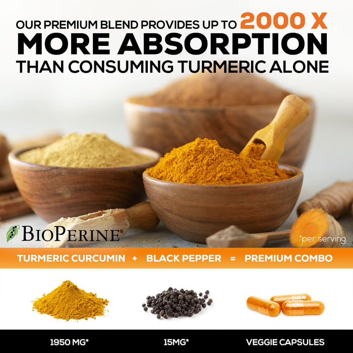 Turmeric Curcumin Supplement with BioPerine 1950mg, 95% Standardized Curcuminoids - Black Pepper for Advanced Absorption, Herbal Joint Support Complex, Nature's Tumeric Extract Non-GMO - 120 Capsules